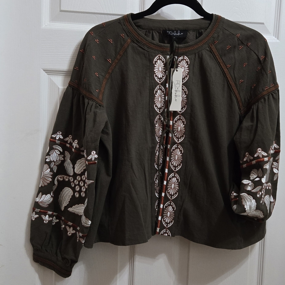 RD & KOKO Embroidered Olive Green Women's Top